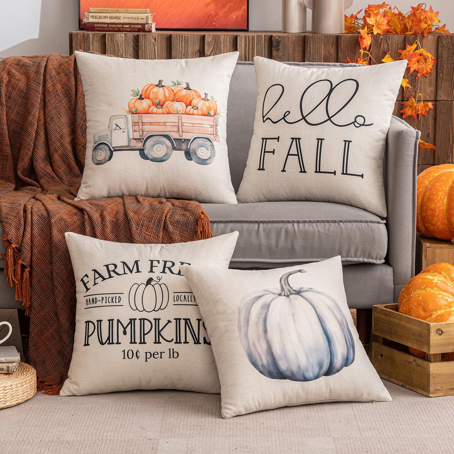 SLOZZI Set of 4 Autumn Prints Cushion Covers Decorative Cushion Geometric Cushion Cover Sofa Cushion Decorative Cushion Pumpkin Car Decorative Cushion Soft for Sofa Bedroom Living Room 45 x 45 cm Grey