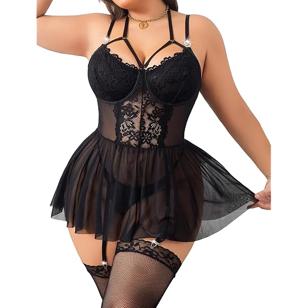Plus Size Women's Lingerie Set - Strappy Harness Babydoll With Underwire,  V-Neck Lace Pajamas Plus Size Special Occasion Lingerie