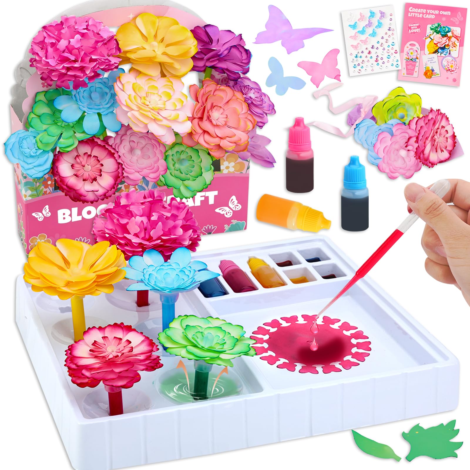 Crelloci DIY Paper Flower Arts and Crafts Kit for Kids – Creative Dyed Bouquet Craft Kit, STEM Art & Science Project for Girls Ages 4–8, Fun Dyeing Activity Gift for Kids