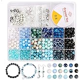 Tunmiok Glass Beads for Jewelry Making Kit with Metal Charms & Crystal String - Includes Spacers, Flower Holders - Bracelet kit, Necklace, Earring Set Supplies for Adults (Blue)