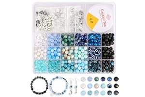 Tunmiok Glass Beads for Jewelry Making Kit with Metal Charms & Crystal String - Includes Spacers, Flower Holders - Bracelet kit, Necklace, Earring Set Supplies for Adults (Blue)