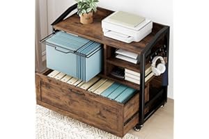 HSH Mobile Lateral File Cabinet with Drawer, Rolling Filing Cabinet with Storage Shelves & Hanging File Folders, Wooden Metal Printer Stand Fits A4 Letter Legal Size for Home Office, Rustic Brown,33In