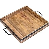 16"x16" Large Square Ottoman Tray, Heavy Duty Mango Wood, for Serving Tea, Breakfast in Bed, Living Room Large Coffee Table Tray Rustic with Farmhouse Style, Decorative Handles and Accent Strap
