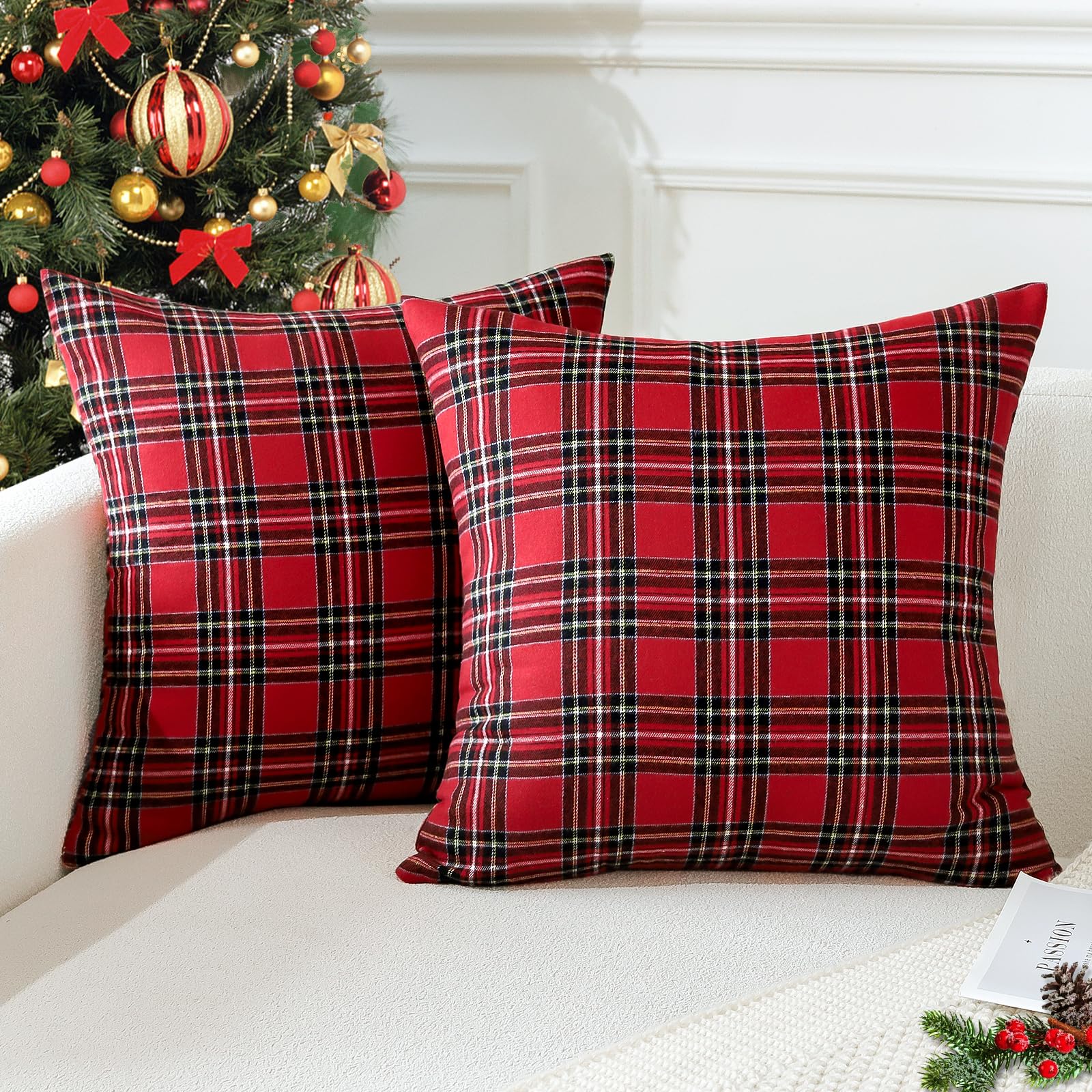 JOTOM Christmas Scottish Tartan Plaid Throw Pillow Covers Farmhouse Classic Decorative Square Cushion Covers 50 x 50cm Soft Pillowcases for Decor Sofa Couch 20x20 Inch Set of 2 (Red)