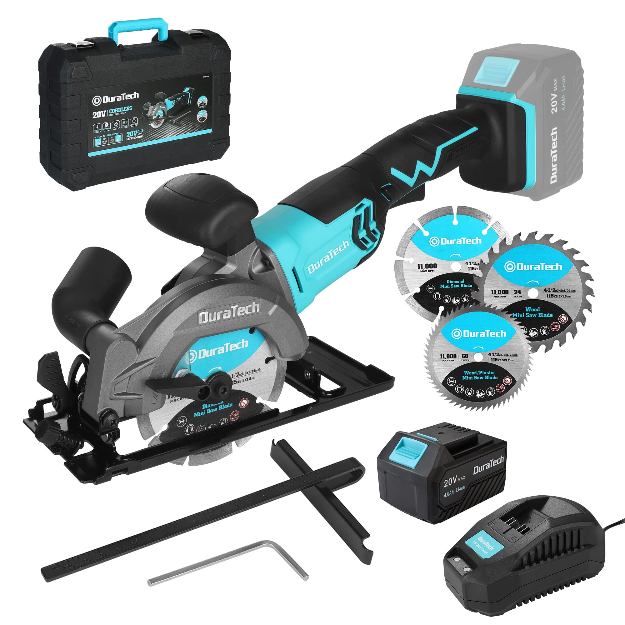 Photo 1 of DURATECH Mini Circular Saw, 20V 4-1/2" Cordless Circular Saw with 4.0Ah Battery, Fast Charger, 3PCS Blades, 3600RPM, Max Cutting Depth 1-11/16"(90°),1-1/8"(45°), for Tiles, Wood, Soft Metal, Plastic