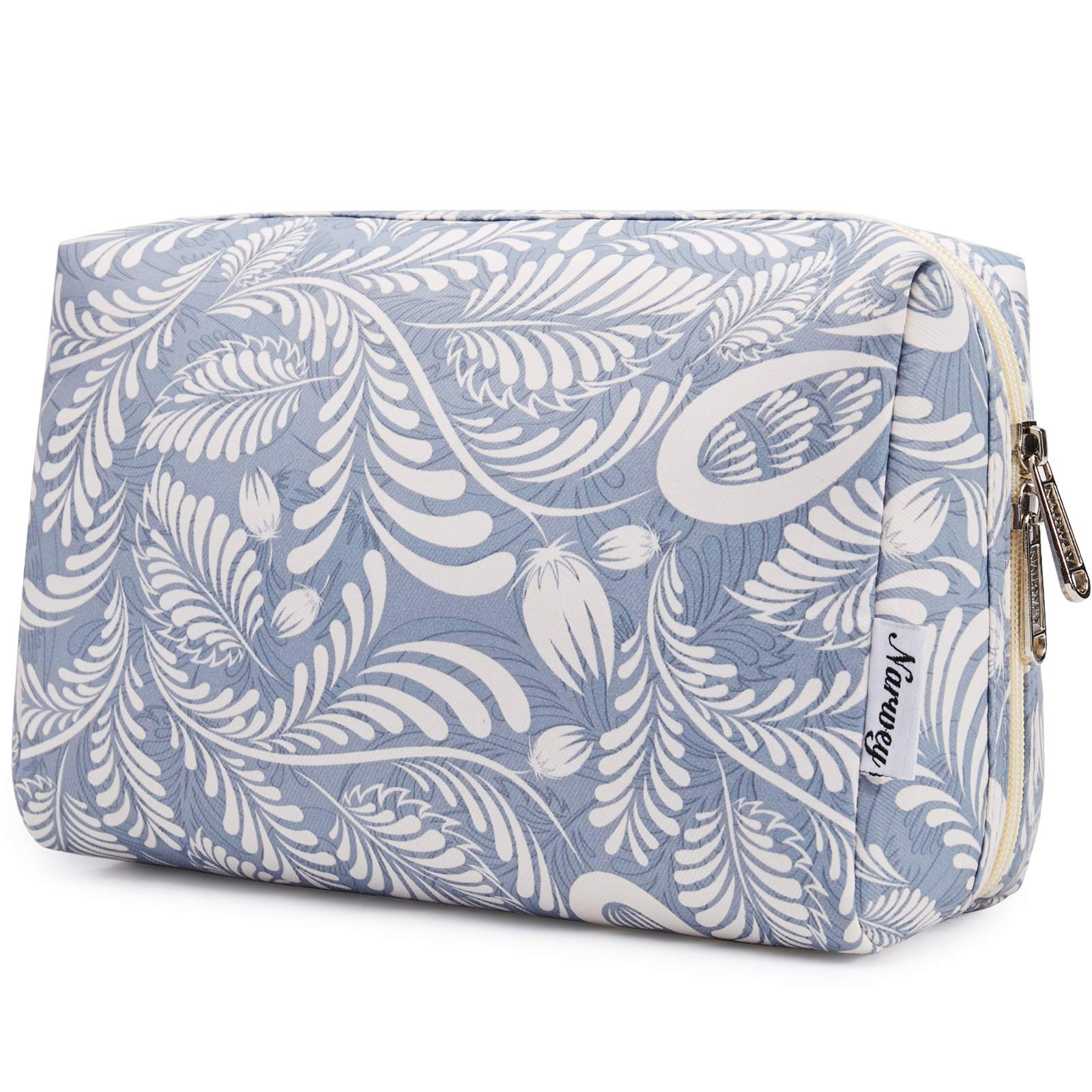 Large Makeup Bag Zipper Pouch Travel Cosmetic Organizer for Women (Blue Leaf, Large)