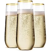Munfix 12 Pack Stemless Plastic Champagne Flutes, Disposable 9 Oz Gold Rim Clear Plastic Toasting Glasses Shatterproof Recyclable and BPA-Free