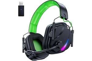 Vakedy HW12 Wireless Gaming Headset for PS5, PS4, PC, Switch, Mac, 2.4GHz Bluetooth Gaming Headphones with Noise Canceling Mic, Soft & Lightweight, 50H Battery for Call of Duty/FPS Gamers(Black/Green)