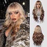 Ombre Blonde Wig with Bang Brown to Blonde Long Wavy Wig with Brown Roots 26 In Long Light Brown Wig with Blonde Highlight Syntehtic Wigs for Women Natural Looking Replacement Wigs for Daily Party Use