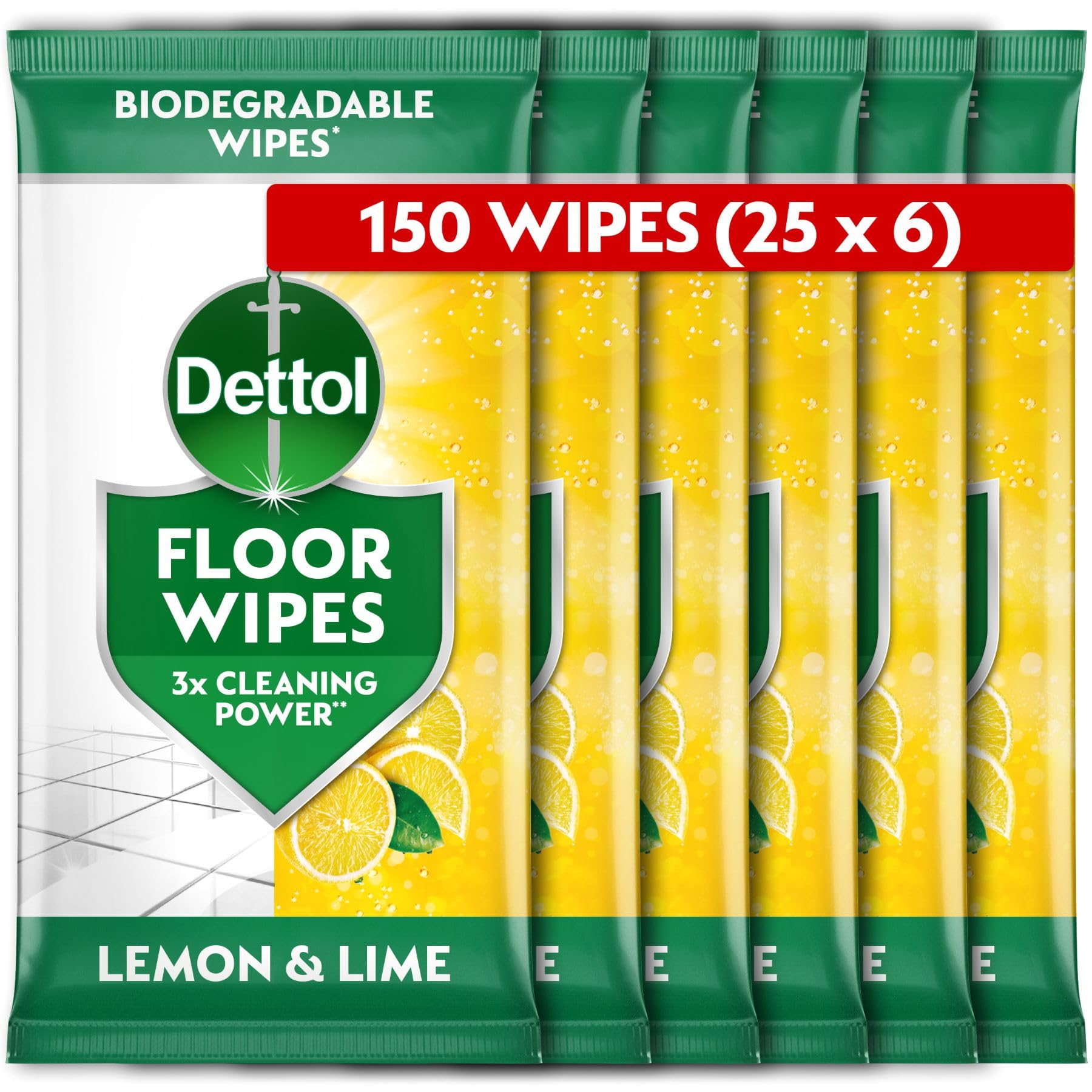 Dettol, Floor Cleaner, Antibacterial, Large Biodegradable Wipes, Citrus, 150 Wipes (25 x 6pck) Disinfectant, Kitchen and Bathroom, Home Hygiene, Kills 99.9 Percent of Germs
