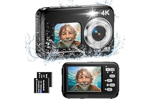 TEBNGIHNM Underwater Camera, 4K Waterproof Camera, 48MP Autofocus Selfie Dual Screens 11FT Underwater Camera for Snorkeling Waterproof Compact Portable Digital Camera, 2 Batteries