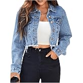 Floerns Women's Cropped Denim Jean Jacket Raw Hem Long Sleeve Button Down | Cropped Jean Jacket, Western Jackets for Women, Country Concerts Outfits