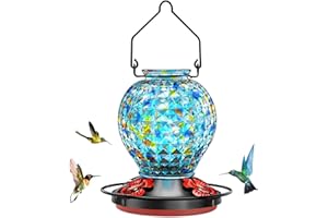 TINLAVIY Hummingbird Feeder, Glass Hummingbird Feeder for Outdoors, Vibrant Colors Attract Hummingbirds, 18 Ounces, Diamond Ball Shape Bottle