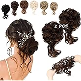 FeidyLong 2PCS Messy Bun Hair Piece Tousled Updo with Tendrils Wavy Curly Hair Bun Scrunchies Ponytail Extension Elastic Band Hairpieces For Women (Dark Brown Mix Light Auburn)