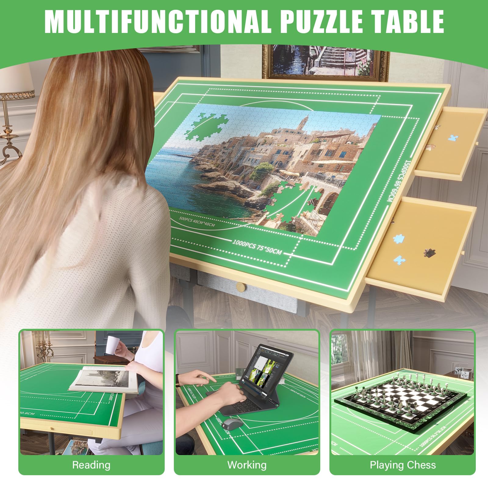 CODACE 1500 Piece Jigsaw Puzzle Table with Legs, Adjustable 5-Tilting-Angle Puzzle Board with 6 Drawers & Cover, 35