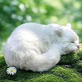 Lifelike White Sleeping Cat Figurine - Realistic Curled Up Faux Fur Kitten Statue, Handcrafted Plush Kitty Home Office Decor, Collectible Gift for Cat Lovers, Stuffed Animal Doughnut Pose Pet Replica