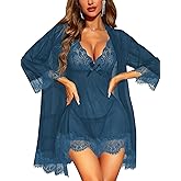 RSLOVE Women Sexy Lingerie Set 3 Piece Babydoll & Lace Kimono Robe Strap Chemise Sleepwear Mesh Nightgown