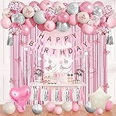 Torerun Pink Birthday Party Decorations for Women Girls,Happy Birthday Banner,Fringe Curtains, Butterfly Decorations,Hanging Swirls,Circle Dots,Tassels Pompoms,Pink Balloons Foil Silver Balloons