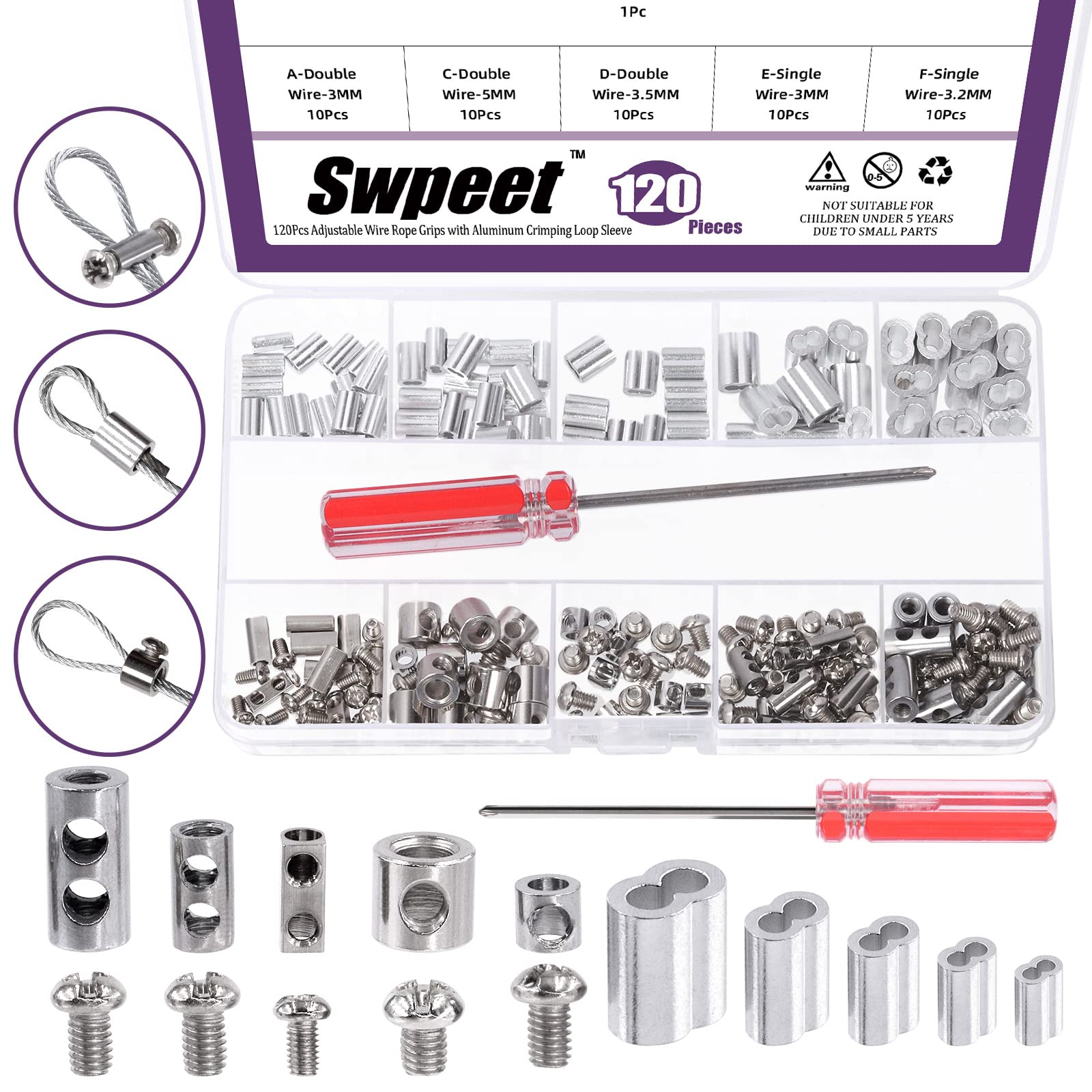Swpeet 121Pcs Adjustable Wire Rope Clips Clamp and Aluminum Crimping Loop Sleeve with Screwdriver Assortment Kit, Wire Rope Grips Wire Rope and Cable Wire Rope Lock with End Screw Stopper for Cable