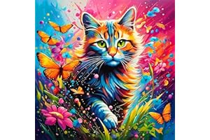 igoodom Flower Cat Diamond Painting Kits, Butterfly Cat Diamond Painting Kits for Adults, DIY 5D Gem Art for Adults for Home Wall Decor 13.8x13.8inch