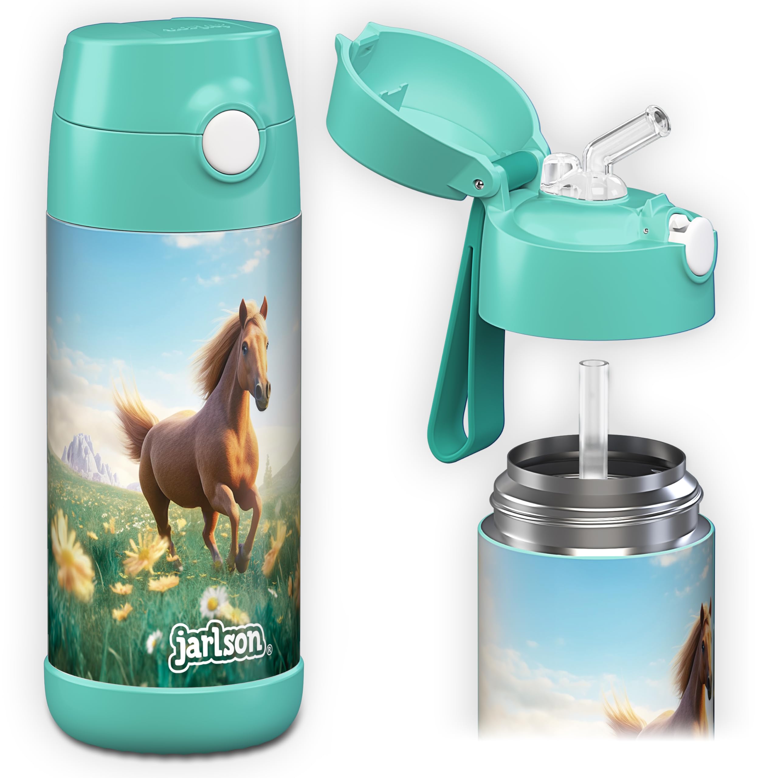 Jarlson® Kids Water Bottle CHARLI [12OZ] - Stainless Steel Thermo Bottle with Straw - Insulated, Spill Proof Waterbottle for School & Sports - Thermo Tumbler for Boys & Girls (Horse)