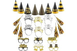 VDESFUEBY Black Gold Luxury New Year's Eve Party Supplies,2026 Party Headbands and Conical Hat/Sparkling Glasses for Happy New Year Gift New Year's Eve Party New Years Eve Accessories