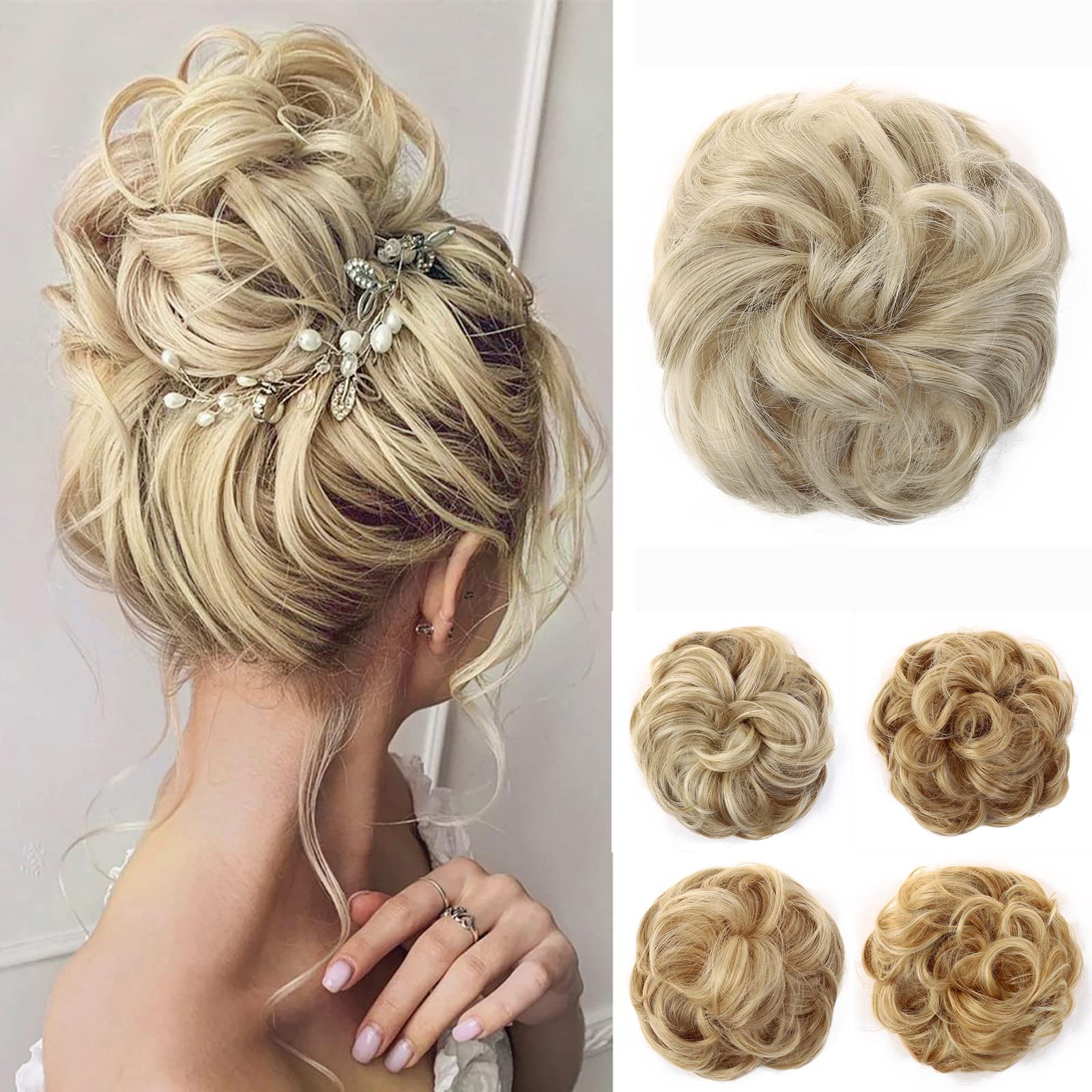 JJstar Messy Hair Bun Curly Wavy Hair Scrunchies Accessories Pieces for Women Girls Synthetic Chignons (Pale Ash Blonde) — image 1