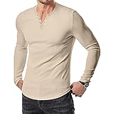 JMIERR Mens Fashion Muscle Henley Shirt V Neck Long Sleeve Slim Fitted Casual Curved Hem Athletic Gym Workout Shirts