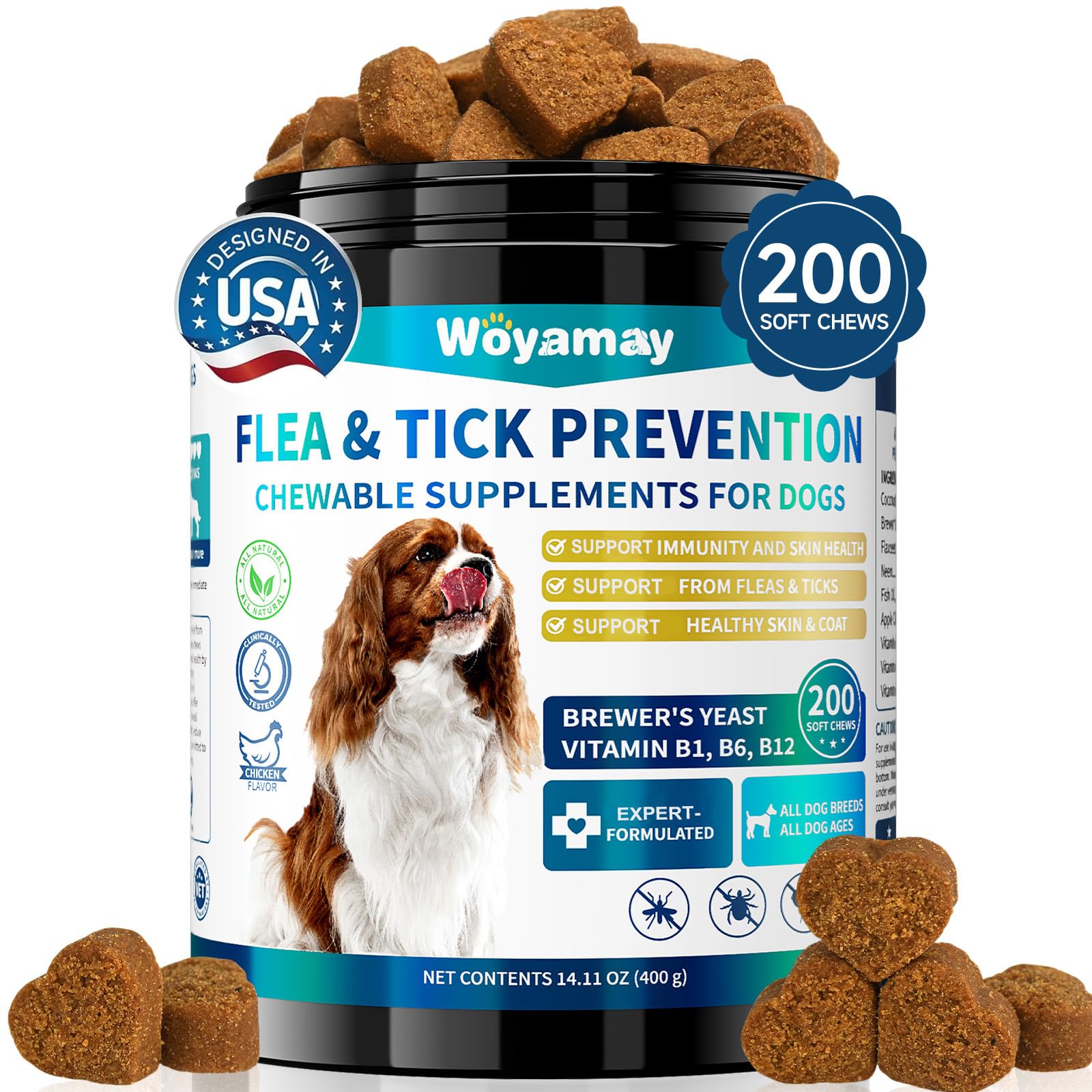 Woyamay 200 Natural Dog Flea and Tick Support Chew for Dogs, Dog Flea & Tick Supplement for Dogs and Puppy of All Breeds – Chicken Flavor