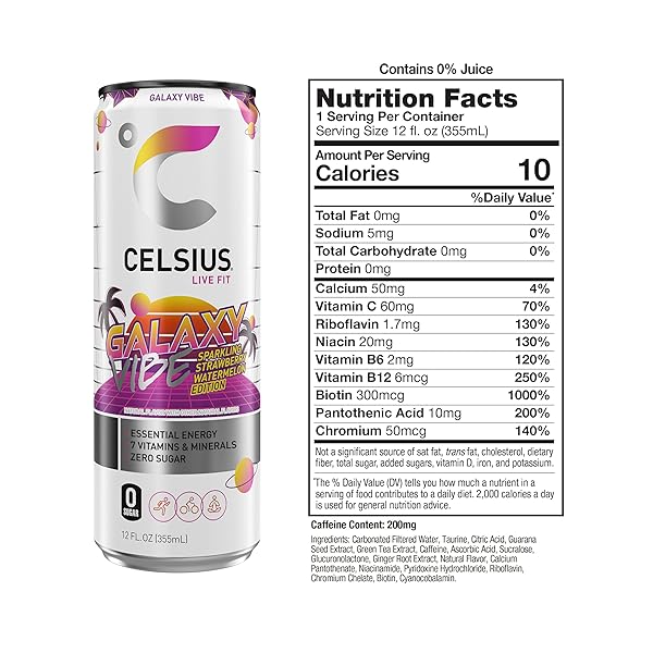 CELSIUS GALAXY VIBE SPARKLING STRAWBERRY WATERMELON, SUGAR FREE ENERGY DRINK, 12 FL OZ (PACK OF 12)