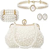 Tondiamo 4 Pcs 1920s Women Pearl Clutch Bag Pearl Necklace Earring Bracelet Set Evening Tea Party Accessory Jewelry Gift for Wedding Bridal Halloween