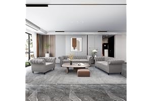 QHITTY 3 Piece Living Room Set, Sectional Chesterfield Sofa Chair Contemporary Upholstered Velvet Loveseat Couch Sets for Living Room, Bedroom, Office