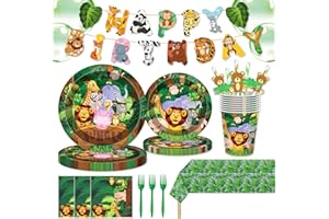 MIAOSHOUTAO 146Pcs Jungle Wild Animal Plates and Napkins Jungle Safari Party Supplies Includes Plates, Napkin, Fork, Cup, Straw, Tablecloth, Banner for Woodland Baby Shower Birthday Party Decorations, Serves 24