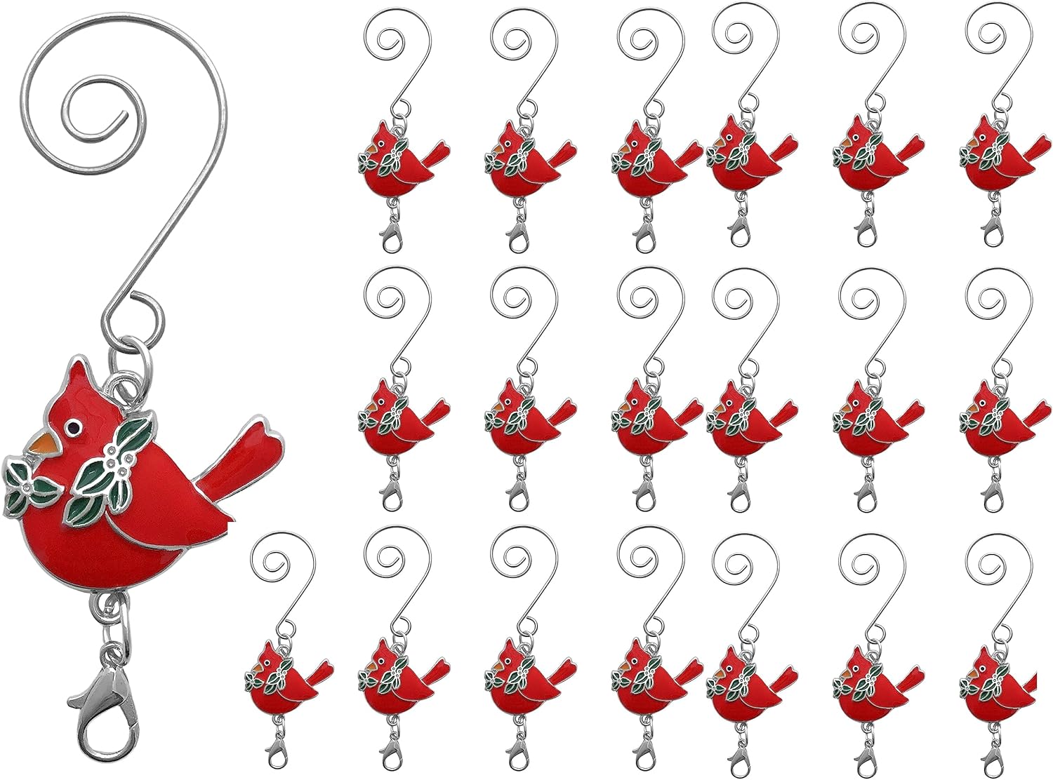Ornament Hooks - BANBERRY DESIGNS Cardinal Christmas Ornament Hook with S-Hook and Lobster Claw - Set of 20 - Enameled Cardinal with Holly Leaves - Xmas Accessories & Accents for Hanging Ornaments