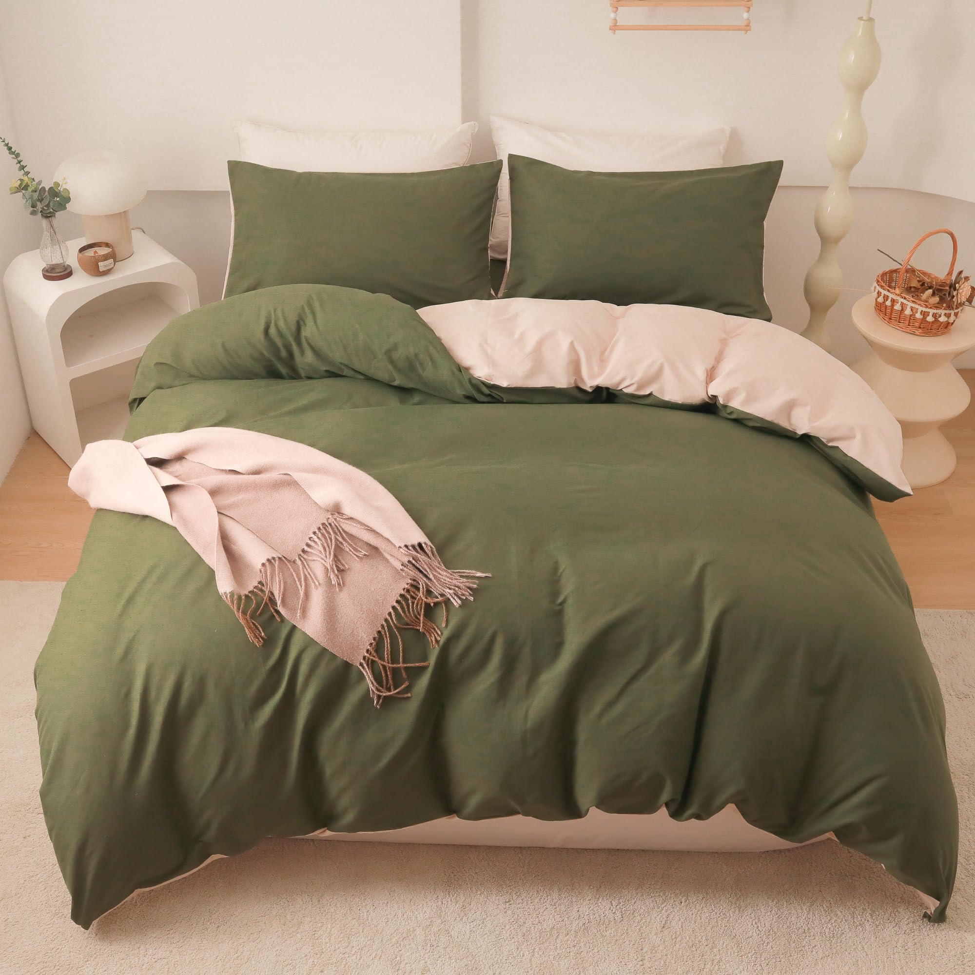 PinkMemory Army Green Duvet Cover Set Double Reversible Dark Green and Beige Duvet Cover 200cm x 200cm Olive Green Bedding Set Brushed Microfiber for Teens Adult Zipper Closure Corner Ties-Ultra Soft