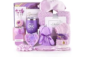 Luxury Lavender Birthday Gifts for Women – Purple Self Care Spa Gift Basket with Flannel Blanket – Relaxing Get Well Soon Gif
