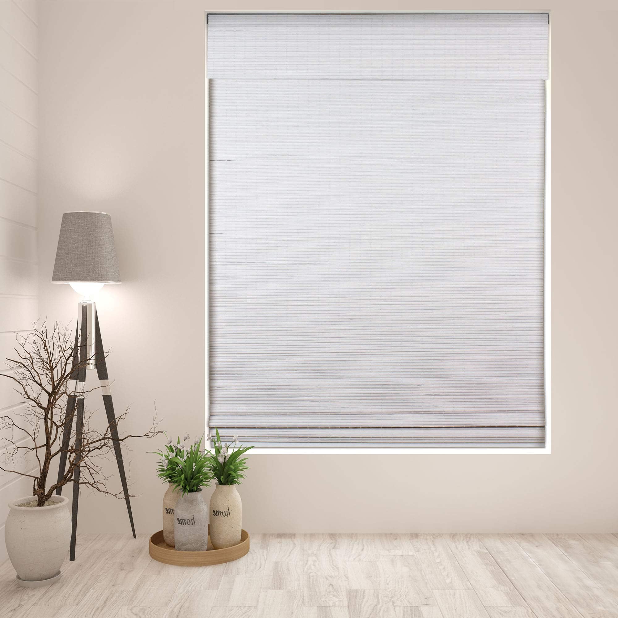 Arlo Blinds Cordless Semi-Privacy White Bamboo Roman Shades Blinds - Size: 46.5" W x 60" H, Cordless Lift System ensures Safety and Ease of use.