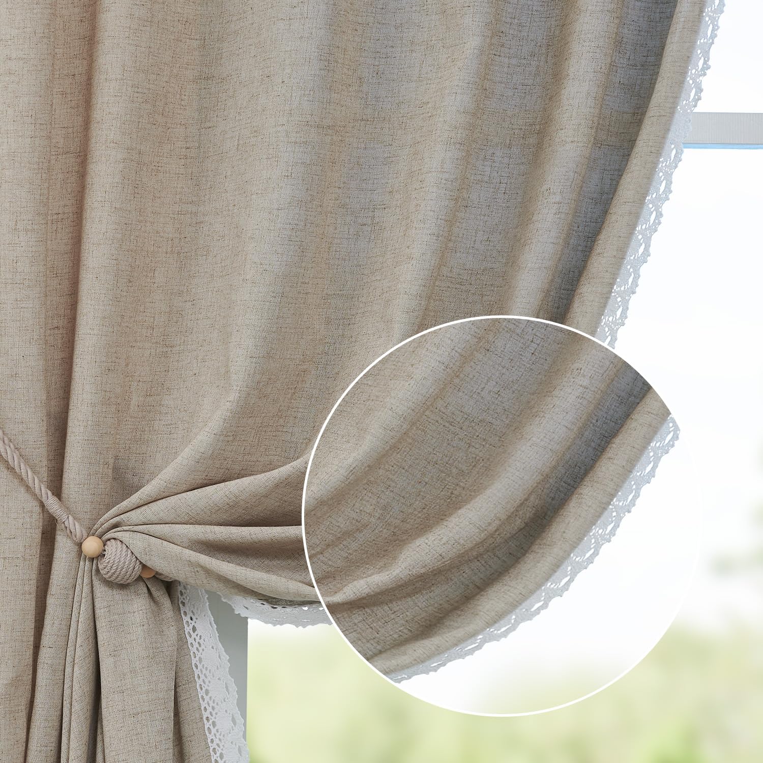 Photo 1 of jinchan Linen Lace Curtains with Trim 84 Inch Length 2 Panels Taupe Vintage Farmhouse Curtains French Country Cottage Boho Window Drapes for Living Room Bedroom Back Tab Light Filtering