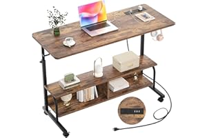 ARMOCITY Height Adjustable Standing Desk with Power Outlets, 47" Manual Stand Up Desk with Storage Shelves Small Mobile Rolling Computer Desk Portable Laptop Table with Wheels for Home Office, Rustic