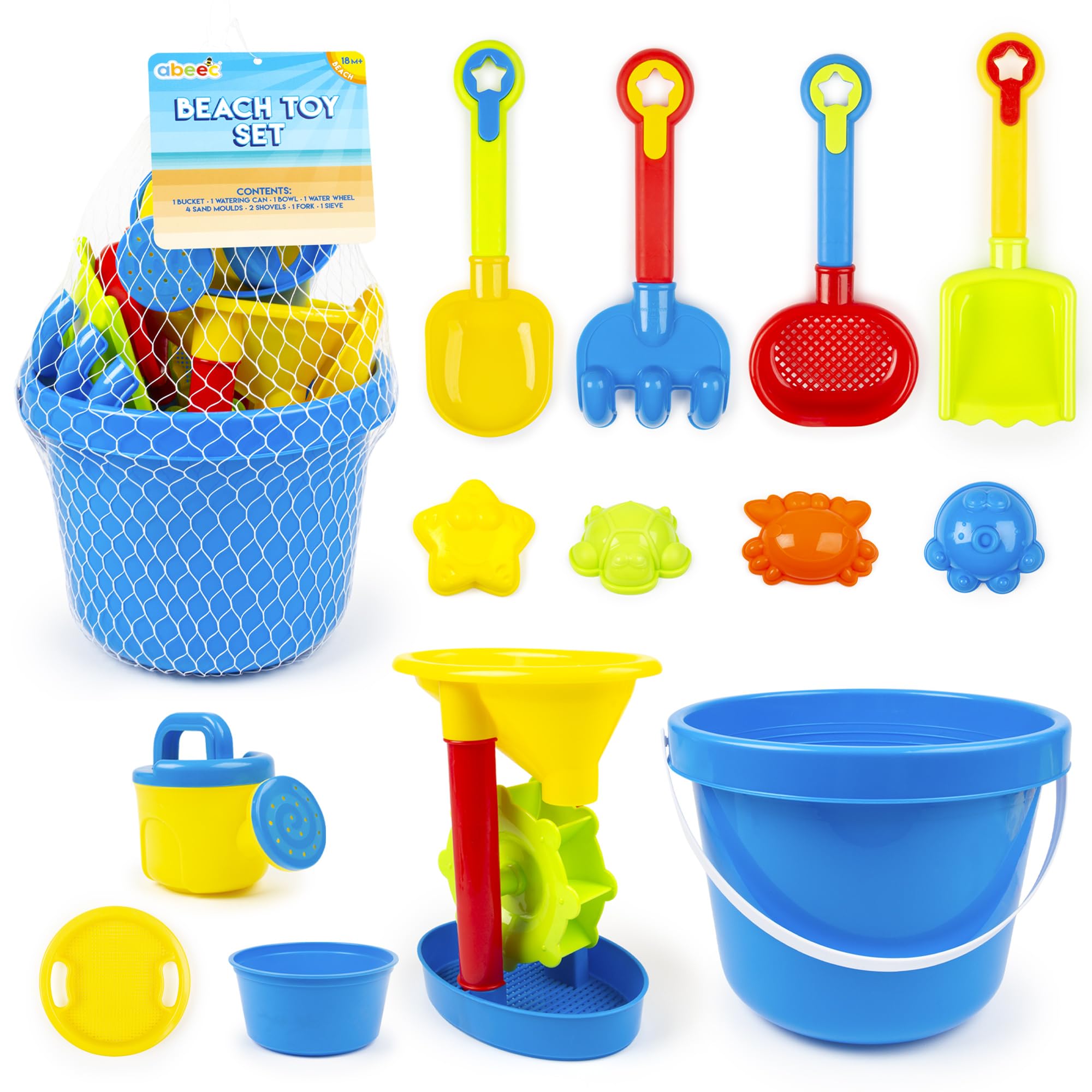 Abeec Beach Bucket Set - 13pc Sand & Water Play Bundle with Shovels, Molds, Bowl, Wheel, Can for Kids' Outdoor Activities