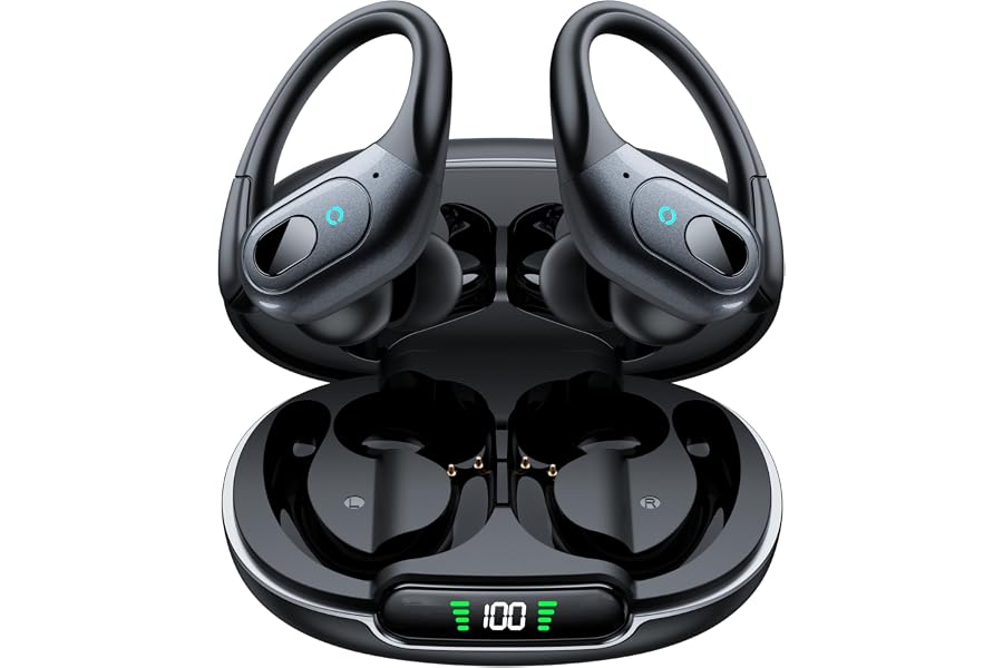 occiam Active Noise Cancelling Earbuds Wireless Bluetooth Headphones Ear Buds 90Hrs Playback Stereo Bass Earphones with Mic Over-Ear Hooks IPX7 Waterproof Headset for Work Sports Running Black