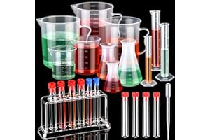 Baderke 28 Pcs Beakers and Test Tubes Set Including 3 Graduated Cylinder 5 Plastic Beakers 3 Erlenmeyer Flask 10 Droppers 6 Plastic Test Tubes with Rack for Home Science Lab Party DIY