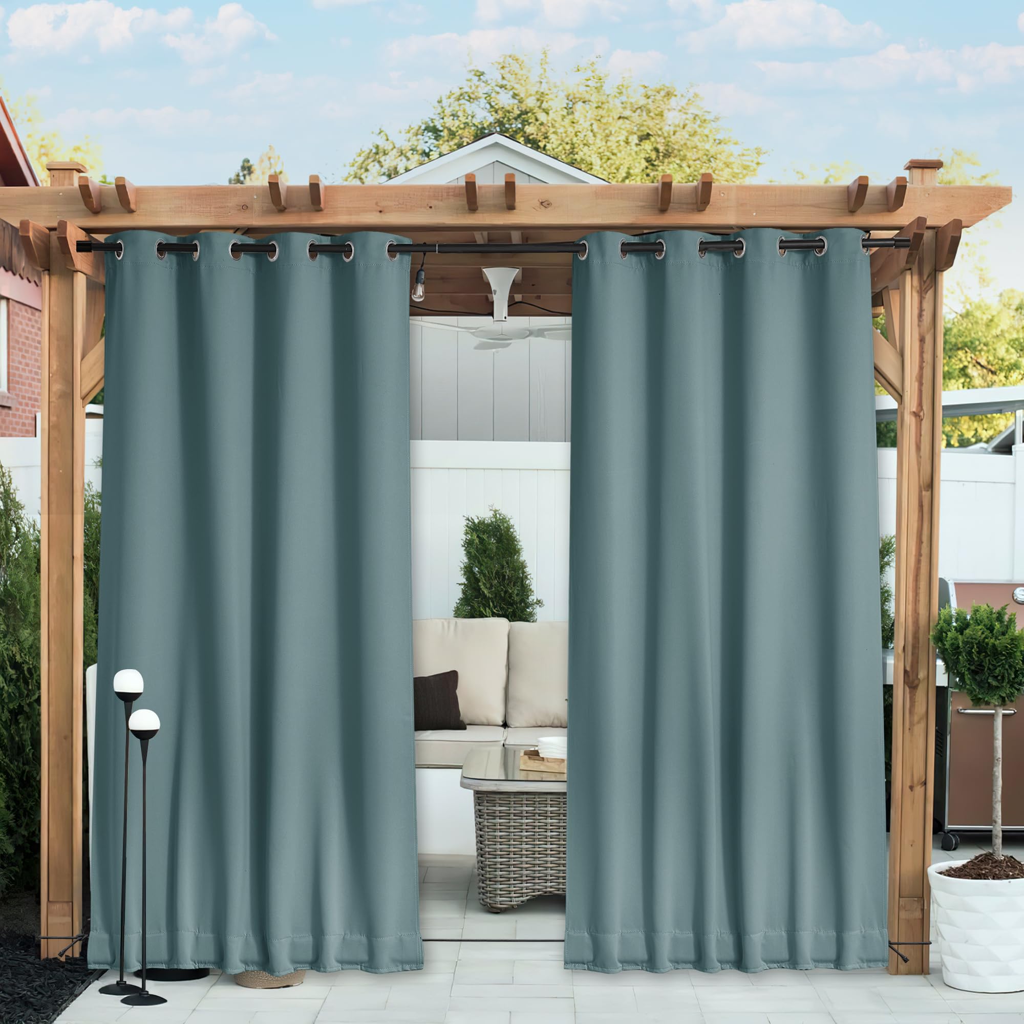 NICETOWN 2 Panels Waterproof Outdoor Curtains Fixed Grommet & Back Tab on Top & Bottom, Thermal Insulated Keep Rain & Sun Out Blackout Windproorf Outdoor Drapes with Rope, W52 x L84, Greyish Blue Image