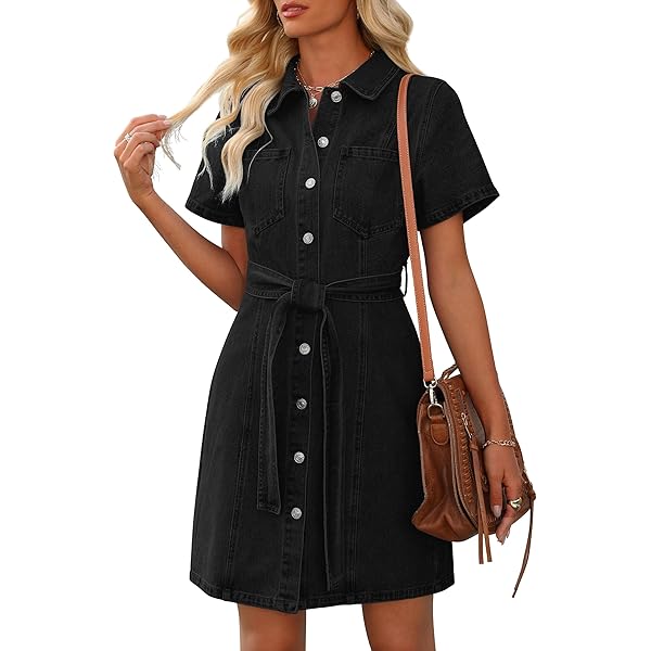 Embellished Button Down Short Sleeve Denim Dress, Black (US, Alpha, Small, Regular, Regular, Black) at Amazon Women's Clothing store Embellished Button Down Short Sleeve Denim Dress, Black (US, Alpha, Small, Regular, Regular, Black) at Amazon Women's Clothing store