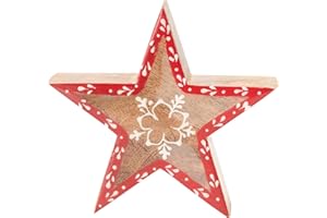 Creative Co-Op 5" L x 1-1/4"W x 5" H Hand-Painted Mango Wood Star w Trim, Red & White Figures and Figurines, Multi