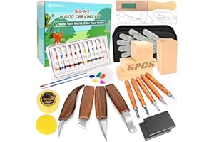 K KERNOWO Wood Carving Kit, 44Pcs Wood Carving Tools with 4 Style Templates & 12 Color Paint Set & Bee Wax, Wood Whittling Knives Set 4pcs Whittling Knives & 5pcs Detail Knives for Beginners and Hobbyists