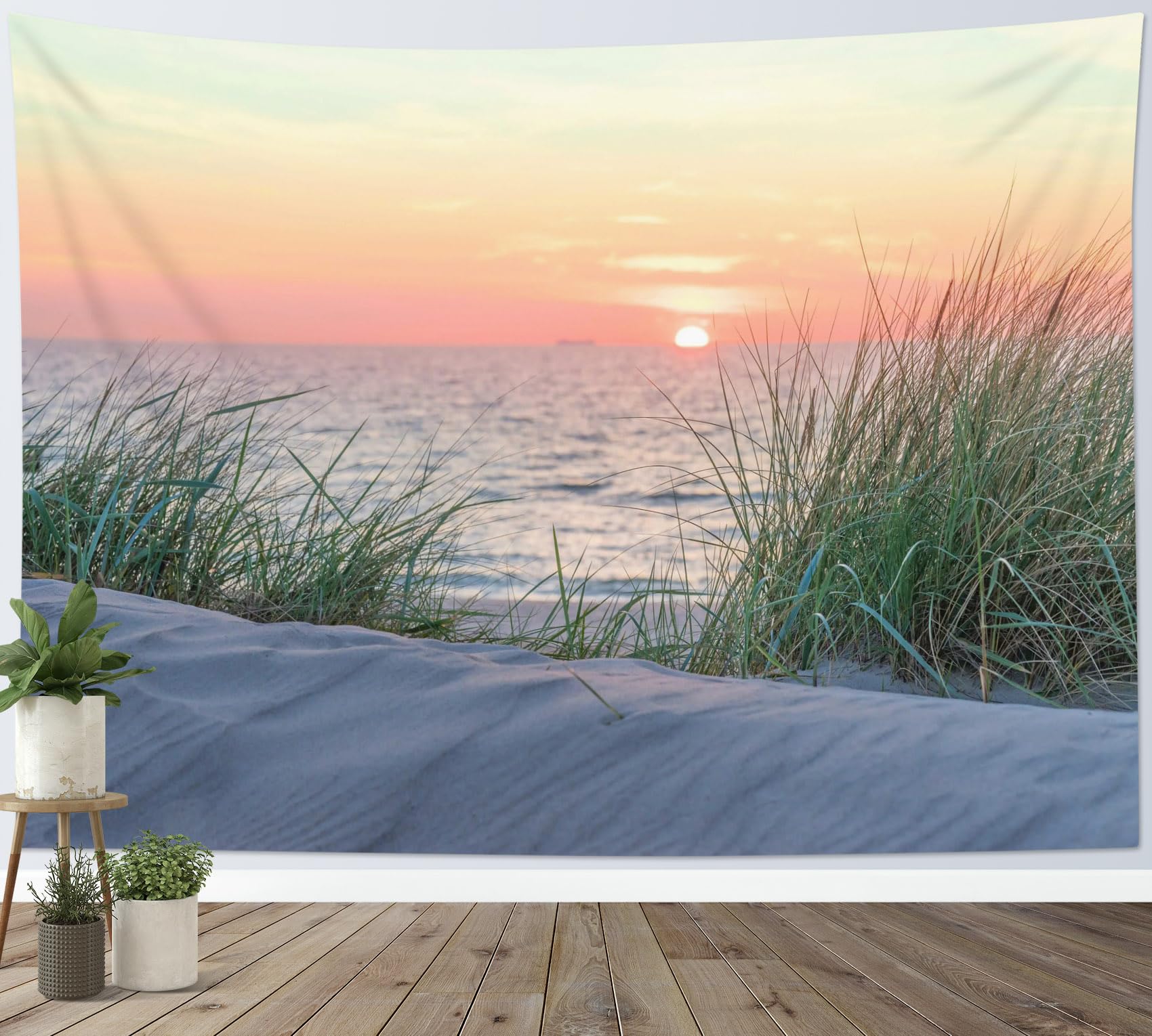 Photo 1 of HVEST Ocean Beach Tapestry Wall Hanging Coastal Beach Green Grass with Sunset Tapestry Nature Landscape Tapestry for Living Room Bedroom Aesthetic Decor, 40L x 60W Inches, Orange