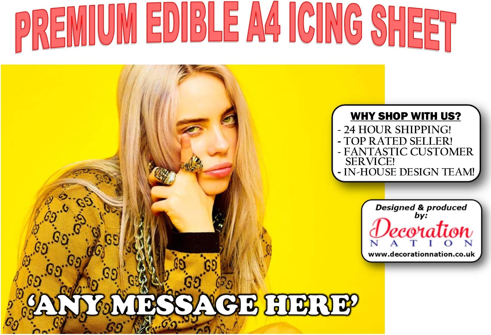 Billie Eilish Yellow Background Personalised A4 Edible Icing Cake Topper Decoration