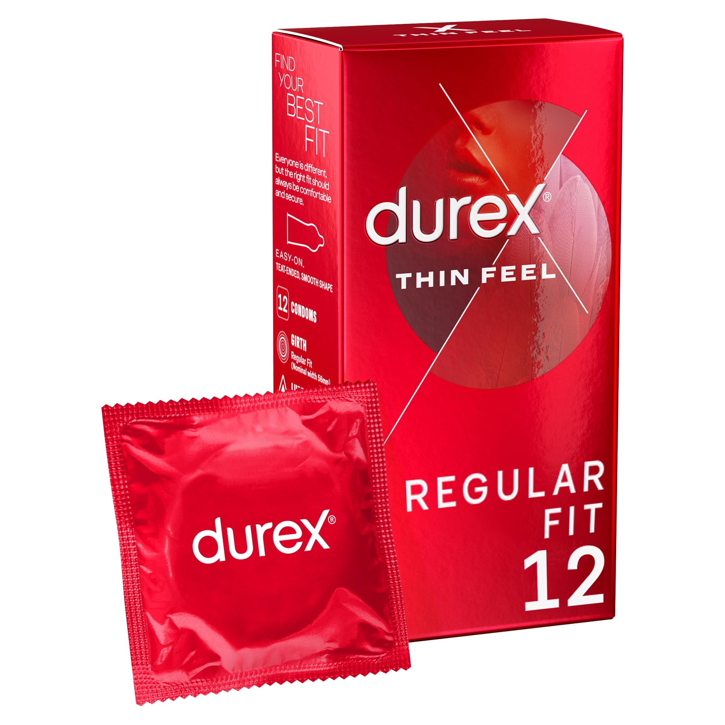 Durex Thin Feel, 12 Condoms, With Silicone Lube, Easy On Shape, Regular Fit, Natural Latex, Thin for More Sensitivity, Same Durex Security and Protection, Teat Ended