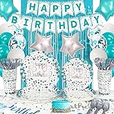 ssailue decor Teal Blue Birthday Party Supplies for 20 Guests: Plates, Cups, Napkins, Balloons, Banner, Sash, Cake Topper, Curtains